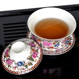 Yxhupot Gaiwan Chinese 6.8oz 10oz Sancai Painted Peony Tureen Tray Cup Bowl Saucer Lid (10oz/300ml)