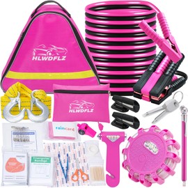 HLWDFLZ Pink Roadside Assistance Kit with Jumper Cable, Tow Rope, LED Road Flare, Deer Whistles and More Women Emergency Safety Tool Kit