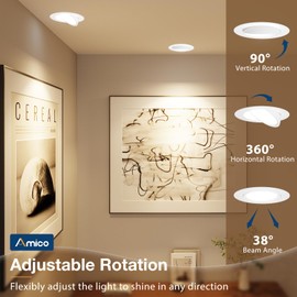 Amico 6 Pack 4 Inch 5CCT Gimbal LED Recessed Lighting, 360°&90° Adjustable Eyeball Directional Downlight, Dimmable, 2700K/3000K/3500K/4000K/5000K Selectable, CRI90+ 9W 700LM, ETL&FCC