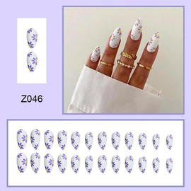 Vezocim White Oval Short Press on Nails, 24Pcs Flower Full Cover Reusable Glossy Fake Nails Set, Artificial Fingernails False Nails with Floral Daisy Designs, Glue Stick on Nails with Charm