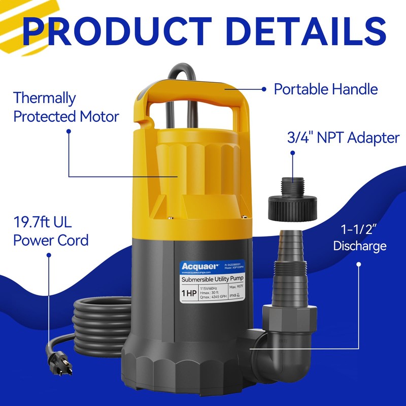 Acquaer 1HP Sump Pump, 4345GPH Submersible Water Pump for Water