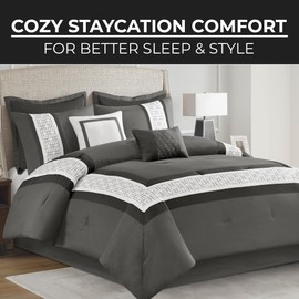 510 DESIGN King Comforter Set Hotel Style Comforters for King Size Bed, Pieced & Embroidered Border, All Season Comforters King Size Bed Set, Shams & Bedskirt, Powell, King Dark Grey 8 Piece