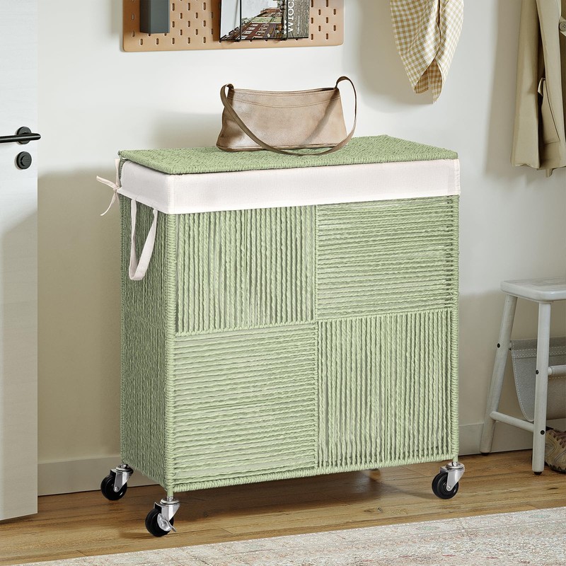 WOWLIVE Double Laundry Hamper with Lid, Handwoven Rolling Laundry Basket