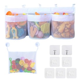 Scettar Bath Toy storage, 60cm Bathroom Toy Storage with 3 Large Horizontal Openings for Sorting Toys, Equipped with 5 Strong Double Hook Closures, 34 * 45cm Hanging Bag (with Suction Cup), 2 Hooks