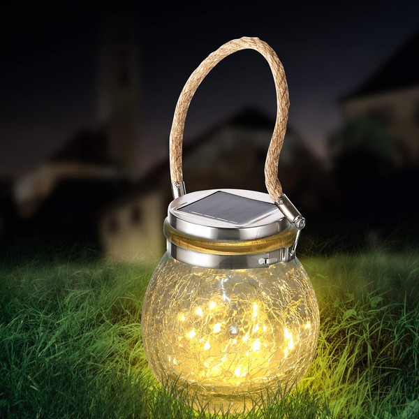 Solar Hanging Lanterns Outdoor Waterproof, Table Lamps Decorative Cracked Glass Jar 30 LED Lights for Garden Tree Court Yard Patio Pathway Christmas Day Holiday Party Decoration (1, Warm Light)