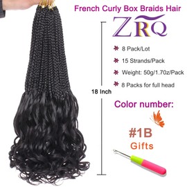 ZRQ 8 Packs 18 Inch French Curl Crochet Braids Goddess Box Braids Crochet Hair Pre Looped French Curly Braiding Hair With Curl Ends Crochet Hair for Black Women 1B#
