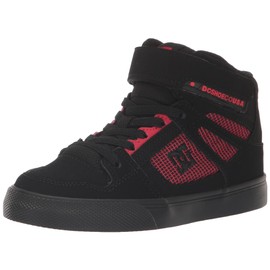 DC Boy's Pure High Top EV Skate Shoes with Ankle Strap and Elastic Laces, Black/Black/RED, 3 Little Kid