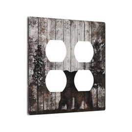 Rustic Bear Wood Board Country 2 Gang Duplex Light Switch Cover Outlet Covers Wall Plate Decorative Electrical Receptacle Faceplate for Kitchen Living Room Home Decor