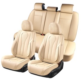 KEYOOG Car Seat Covers Full Set, 5-Seater Waterproof and Breathable Nappa Leather, Fit for Front and Rear Seats of Cars, Compatible with Airbags, Car Seat Protector Covers for Most Cars - Off-White