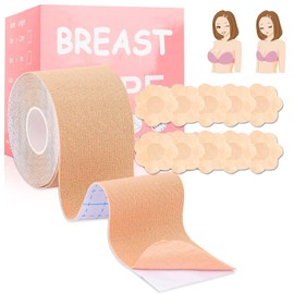 Cinta Para Busto de 5 Metros y 10 Piezas de Pezoneras Adhesiva, Tape para Busto, Cinta para Levantamiento de Busto, Cubre Pezones para Mujer, Boobe Tape de Senos para Trajes o Vestido de Fiesta