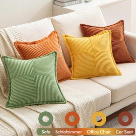 EMEMA Corduroy Cushion Covers, Set of 4, Decorative Cushion Covers, Sofa Cushion, Soft Decorative Cushion Cover, 45 x 45 cm, Decorative Cushion, Couch Cushion for Living Room, Bedroom, Orange/Green