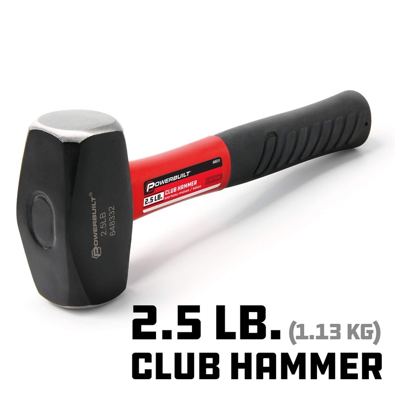 Powerbuilt 2-1/2 Pound Club Hammer with Fiberglass Handle, Non-Slip Rubber