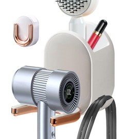 Realand Hair Dryer Holder with Storage Caddy and Cord Hook, Adhesive Blow Dryer Holder Stand Wall Mount Hair Tool Organizer Hanger for Bathroom, Grey