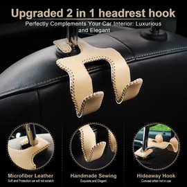LivTee Upgraded Superior Leather Car Seat Back Headrest Hook, 2 in 1 Auto Seat Hook Hangers Holder Organization Interior Accessories for Purses Coats Umbrellas Grocery Bags Handbag (Beige)