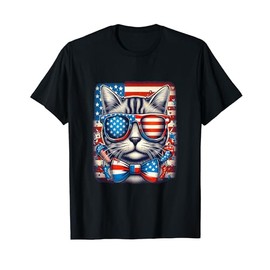 American Cat Sunglasses USA Flag 4th of July Cat Graphic T-Shirt for Women Kids Men