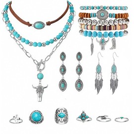 BTTLVZC 18 Pcs Western Turquoise Jewelry Set for Women Bohemian Necklace Dangle Earring Stackble Bracelet Knuckle Rings Cowgirl Accessories for Country Concert Outfit Jewelry Gifts