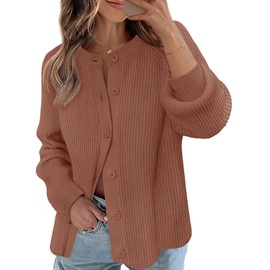 MEROKEETY Women's 2025 Long Sleeve Cardigan Sweater Fall Crew Neck Button Open Front Chunky Knit Outfits, Rust, M