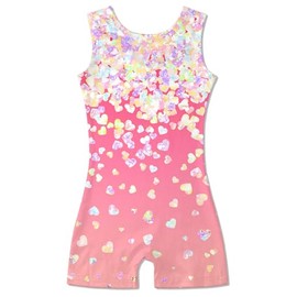 ACOCOPY Gymnastics Leotards for Girls Sparkly Stretchy Pink Heart Dance Outfit Quick Dry Biketards Unitard Size 6-7