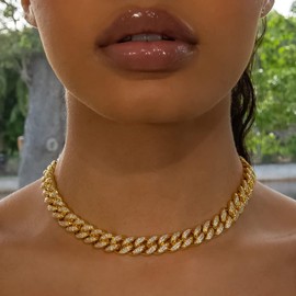 Halukakah Diamond Cuban Link Chain for Women 13.5MM 18k Real Gold Plated Choker Necklace 22",Full Cz Diamond Cut Prong Set,with Giftbox