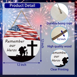 Memorial Day Decorations American Soldier Remember Our Heros Hanging Sign American Flag Memorial Day Wreath Patriotic Wreath Wooden 4th of July Decorations Door Decor for Office Wall Indoor Home Decor