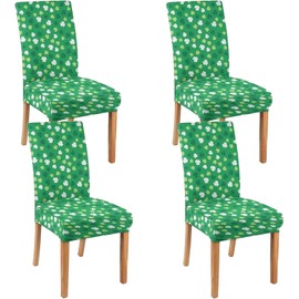 4 Pcs St Patricks Day Dining Chair Covers, Saint Pattys Shamrocks Stretch Removable Washable Chair Slipcovers, Irish Green Clover Kitchen Dining Room Hotel Decor