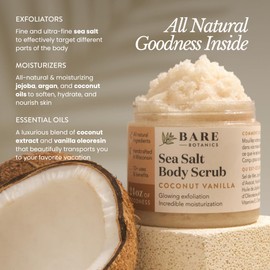 Bare Botanics Coconut Vanilla Body Scrub 24oz | Made in Madison, WI | All Natural Sea Salt Exfoliator w/ Skin Loving Moisturizers | Vegan & Cruelty Free | Gift Ready Packaging w/ a Cute Wooden Spoon