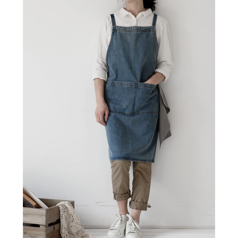 Pincy Denim Apron Cross Back Unisex Adjustable Bib Apron with