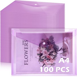 MotiMind 100 Pcs Clear Envelopes with Snap Button Closure Bulk A4 Letter Size Clear Plastic Envelope Folder Document Organizer File Folders for Office Home (Purple)