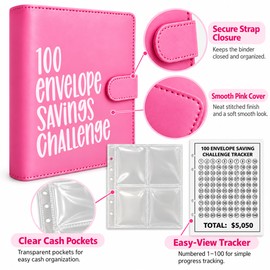 100 Envelope Savings Challenge Binder, 100 Day Money Saving Book with Cash Envelopes, Budget Planner Organizer for Couples & Adults
