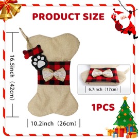 TELAIN Christmas Stockings Dog Bone, Christmas Decoration with Bow for Pets, Mini Christmas Stockings for Dogs, Ready to Hang, 10 x 16.5 Inches