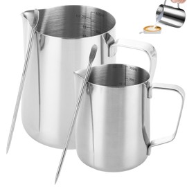 YOUNTHYE 2PCS Milk Jug, 350ml + 600ml Milk Frother Jug Stainless Steel Jug Steaming Pitcher with Decorating Pen, Small Milk Frothing Jug for Cappuccino Latte and Espresso, 12oz/20oz