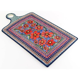 Polish Pottery Market Extra Large Cutting Board From Zaklady Ceramiczne Boleslawiec Unikat Poppies Pattern painted by Ewa Krasniewska, Dimensions: Length: 16", Width: 10"