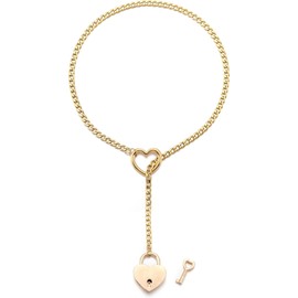 RWQIAN Adjustable Slip Chain Women's Heart/O-Ring/Lock Slip Chain Punk Gothic Cuban Necklace Silver/Gold/Black Jewellery Y Necklace 26-34 Inches, Stainless Steel