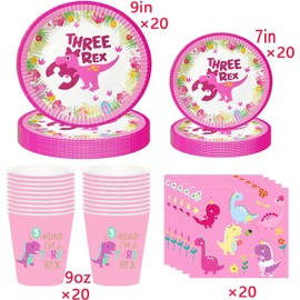 Pink Dinosaur 3rd Birthday Party Supplies 3 rex Birthday Decorations for girl include 40pcs Dinosaur Paper Plates,20pcs Cups,20pcs Napkins Dinosaur Birthday Decorations