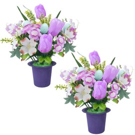 NAHUAA 2 Pcs Easter Table Decor Centerpieces for Tables, Artificial Tulips Potted Flowers with Eggs Fake Flowers in Vase for Spring Home Dining Room Office Easter Table Centerpiece Decor (Purple)