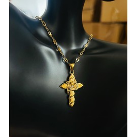 Cross Necklace for Women Gold Plated Rose Flower Cross Charm Pendant Choker Vintage Dainty Gold Necklace for Women 18k Golden Short Solitaire Choker Link Chain Jewelry Gift Everyday Wear Collar (01)
