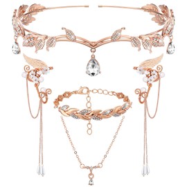 Huquary 5 Pcs Wedding Elf Crown Ears Fairy Outfit Rhinestone Leaf Tiara Headband Cuffs for Birthday Bride Women(Rose Gold)