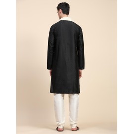 SKAVIJ Men's Jacquard Silk Woven Design Kurta Pajama and Scarf Set Ethnic Motifs 3-Piece Festive Dress (KP132black_Black_XL)