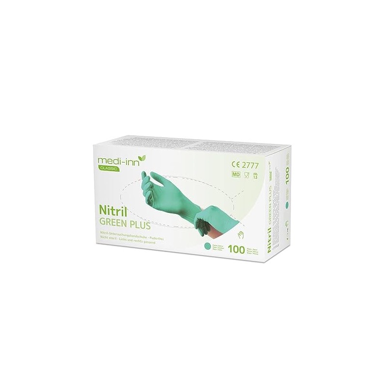 Medi-Inn Nitrile Green Plus Disposable Gloves, Powder-Free, Size M, Pack