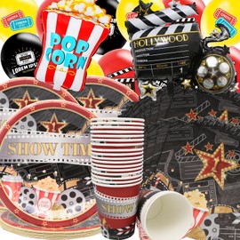 Doyomtoy Film Night Party Tableware, 74 Pieces, Film Theme Party Tableware Sets Plates, Cups, Napkins, Balloons, Popcorn Balloons, Birthday, Film Party Decorations, Film Party Balloons for 20 Guests