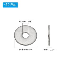PATIKIL 304 Stainless Steel Flat Gasket, 50 Pack 1/8" ID x 4/9" OD x 0.04" Thick Metal Fender Washers Small Washers for Screws Bolts Assortment