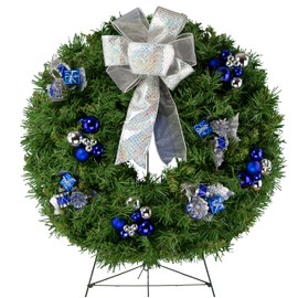 Christmas -Wreath Decoration - Christmas Wreaths Outdoor - 24 inches Blue and Silver Ornaments on 30 Inch Easel Stand