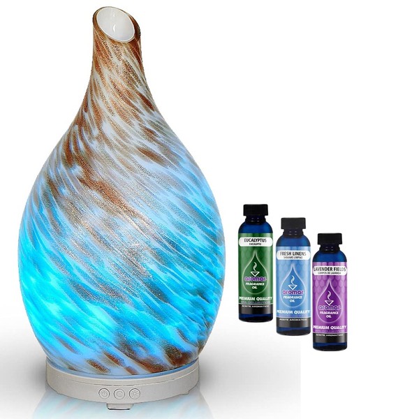 AROMAR Ultrasonic Oil Diffuser, Cool Mist Humidifier with top 3 Aromatic Oils for Aromatherapy Essential Oils, Novelty Design, 360 Degree Rotating Glass Decanter, 7 LED Colors, & auto Shut-Off 100ml.