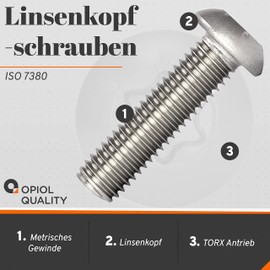 OPIOL QUALITY® Rounded Head Screws Hexalobular Torx ISO 7380 M6 x 20 mm Stainless Steel A2 V2A (Pack of 10)