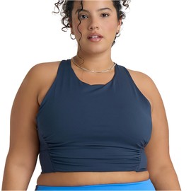 POPSUGAR Long Line Sports Bra Women, Workout Crop Tops for Women Longline Criss Cross Gym Yoga Tops with Built in Bra for Running Pilates Blue Storm, Small