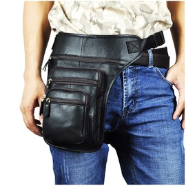 Le'aokuu Mens Genuine Leather Sport Outdoor Hip Bum Fanny Belt Waist Pack Drop Leg Thigh Messenger Bag 3111 (3111 The Black)