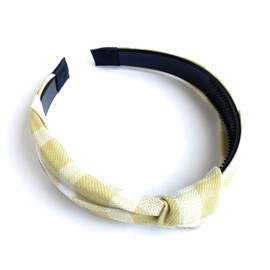 Beige White gingham turban knot headband plaid fabric covered band grip teeth plaid picnic blanket pattern