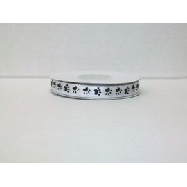Dog Paw Print Satin Ribbon 3/8 Inch 25 Yards - White Background/Black Paw Print