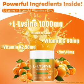 L-lysine Gummies 1000mg, Chewable Lysine Supplement with Vitamin C, D3, K2 & Zinc, Enhance Immunity, Lips & Skin Health, Collagen Growth, Sugar-Free, Gluten-Free, 60 Count (Pack of 2)