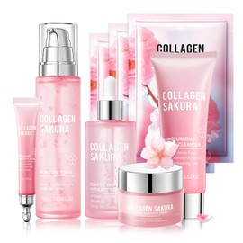 LJYBoBin Skin Care Set-Travel Skincare Kit-Collagen Sakura Set with Mask,Eye Cream,Cleanser,Serum,Face Cream,Toner for Gift Sets for Teen Girls,Facial Skin Care Sets for Women Wife Teen Girls